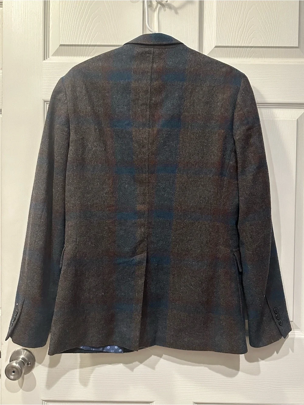 Perry Ellis 50% Wool Grey Blue Brown Plaid Fall Winter Slim Fit Blazer Jacket